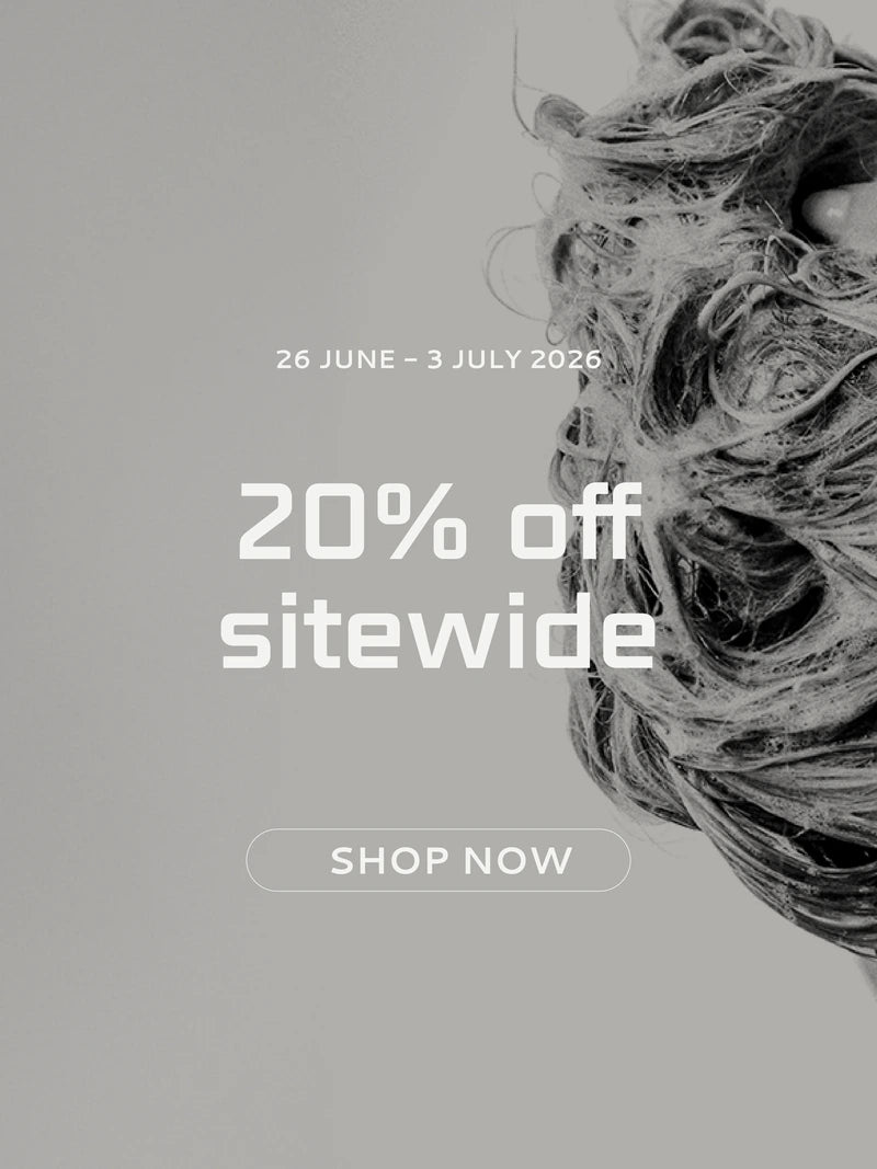 image with information about a sitewide sale of 20% from 26 june to 3 july 2026 with a background image of a lady washing her hair. 