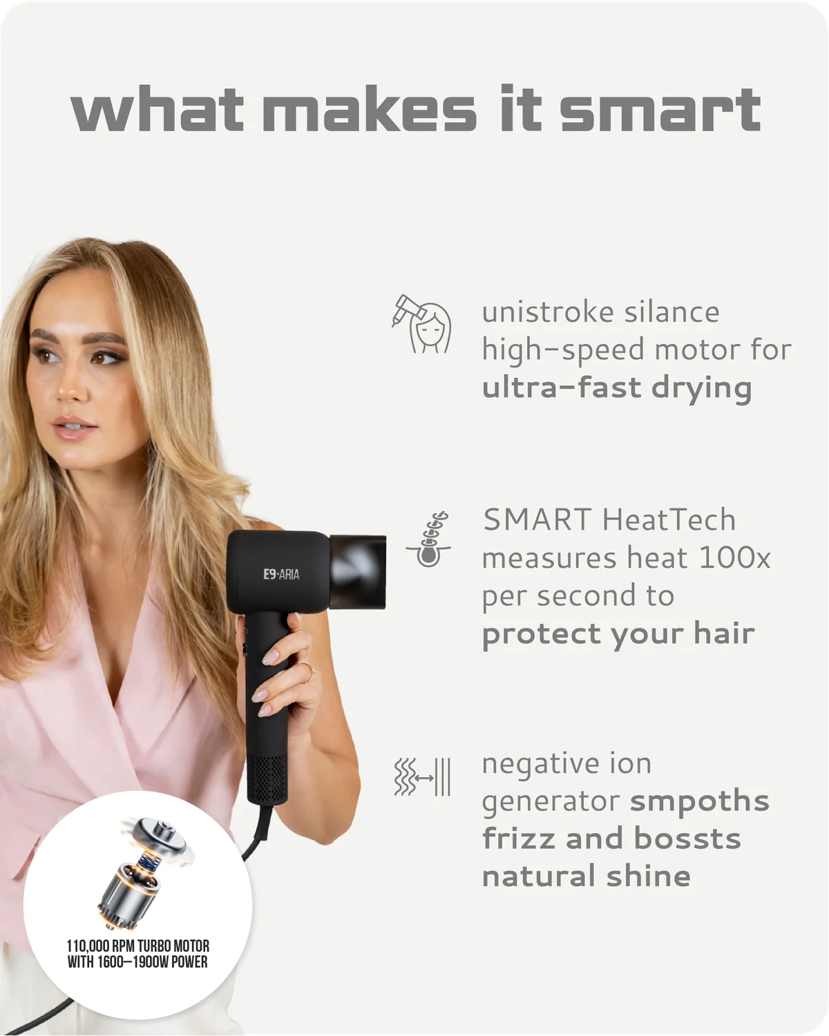 Moyoko Aria E9 is a lightweight, high-speed hairdryer that delivers salon-level results. Image shows a Woman holding a E9 hairdryer with features listed on a white background.