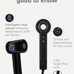 Moyoko Aria E9 is a lightweight, high-speed hairdryer that delivers salon-level results. image shows the intelligent heat sensor, 2,5 tangle free cord. 