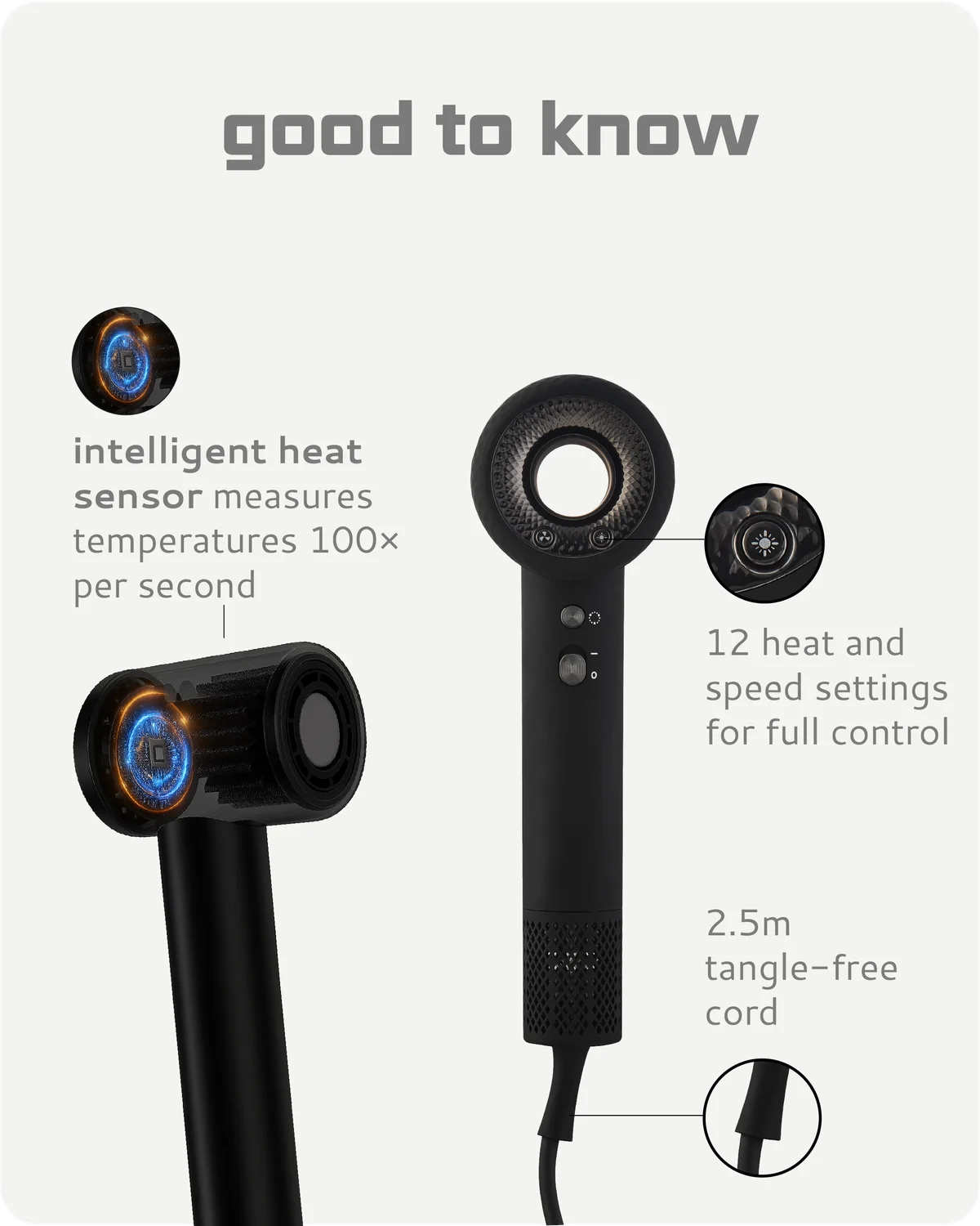 Moyoko Aria E9 is a lightweight, high-speed hairdryer that delivers salon-level results. image shows the intelligent heat sensor, 2,5 tangle free cord. 