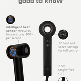 Moyoko Aria E9 is a lightweight, high-speed hairdryer that delivers salon-level results. image shows the intelligent heat sensor, 2,5 tangle free cord. 