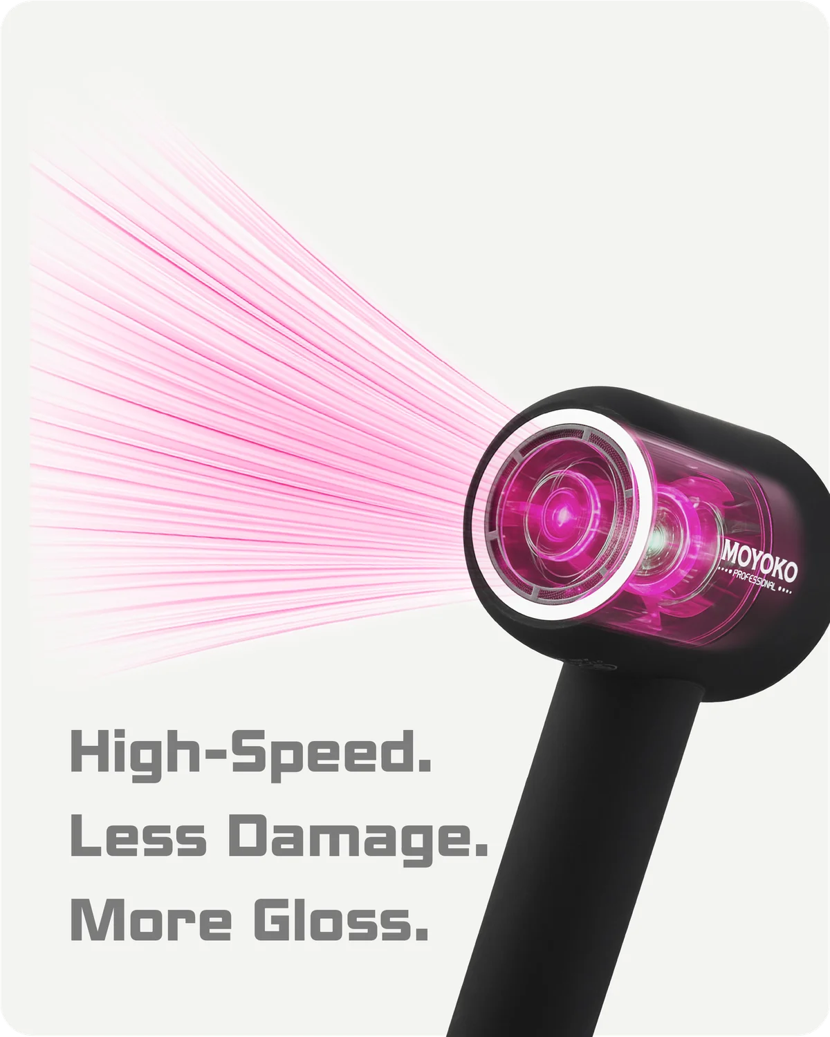 Moyoko E9 Hairdryer with pink nozzle and text 'High-Speed. Less Damage. More Gloss.' by MOYOKO on a white background