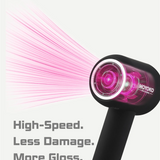 Moyoko E9 Hairdryer with pink nozzle and text 'High-Speed. Less Damage. More Gloss.' by MOYOKO on a white background