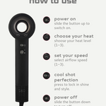 Black E9 hair dryer with usage instructions on a white background