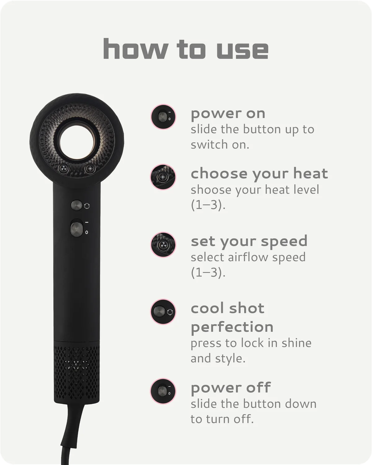 Black E9 hair dryer with usage instructions on a white background