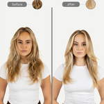 Before and after comparison of a woman with blonde hair, wearing a white shirt and brown pants.