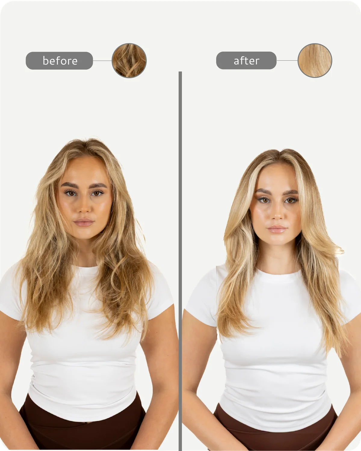 Before and after comparison of a woman with blonde hair, wearing a white shirt and brown pants.