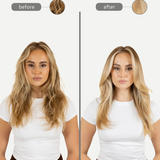 Before and after comparison of a woman with blonde hair, wearing a white shirt and brown pants.