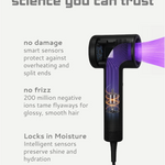 Hair dryer with features highlighted on a white background: no damage, no frizz, locks in moisture. 