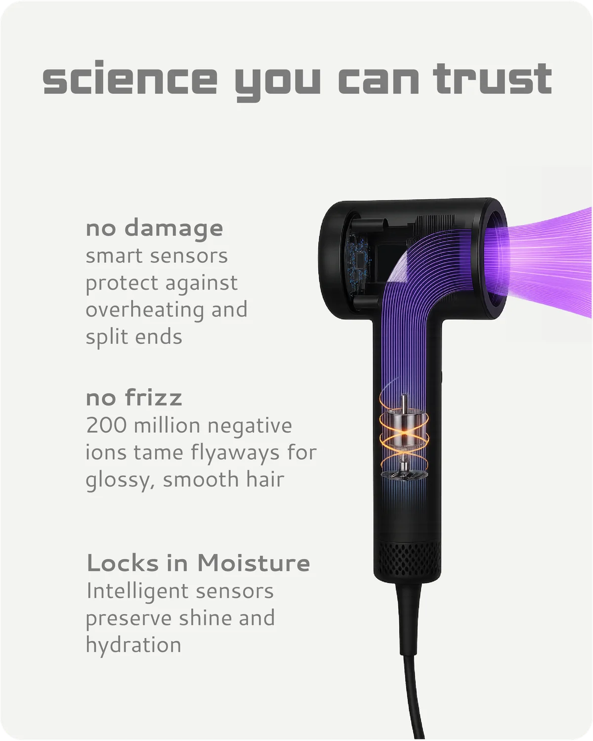 Hair dryer with features highlighted on a white background: no damage, no frizz, locks in moisture. 