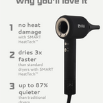 Moyoko Aria E9 is a lightweight, high-speed hairdryer that delivers salon-level results. Image shows a Black hair dryer with features listed on a white background