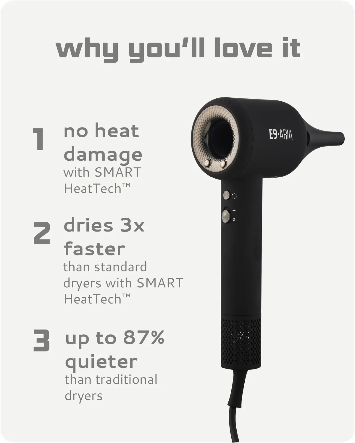 Moyoko Aria E9 is a lightweight, high-speed hairdryer that delivers salon-level results. Image shows a Black hair dryer with features listed on a white background