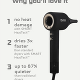 Moyoko Aria E9 is a lightweight, high-speed hairdryer that delivers salon-level results. Image shows a Black hair dryer with features listed on a white background