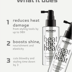 Moyoko heat protection spray bottles with text highlighting benefits on a white background