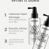 Moyoko heat protection spray bottles with text highlighting benefits on a white background