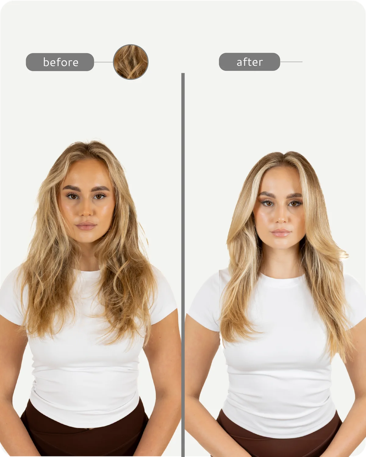 Before and after comparison of a woman with long blonde hair, wearing a white shirt and brown pants.