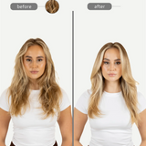 Before and after comparison of a woman with long blonde hair, wearing a white shirt and brown pants.