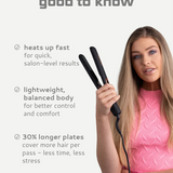 Woman holding a hair straightener with product features listed on a white background