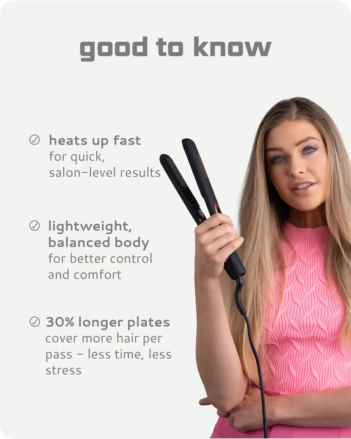 Woman holding a hair straightener with product features listed on a white background