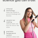 Woman using a hair straightener with text about product features on a white background