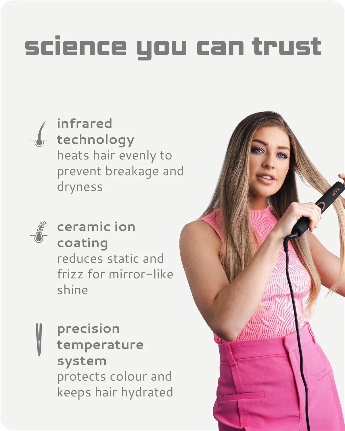 Woman using a hair straightener with text about product features on a white background