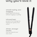Hair straightener with text on a light gray background