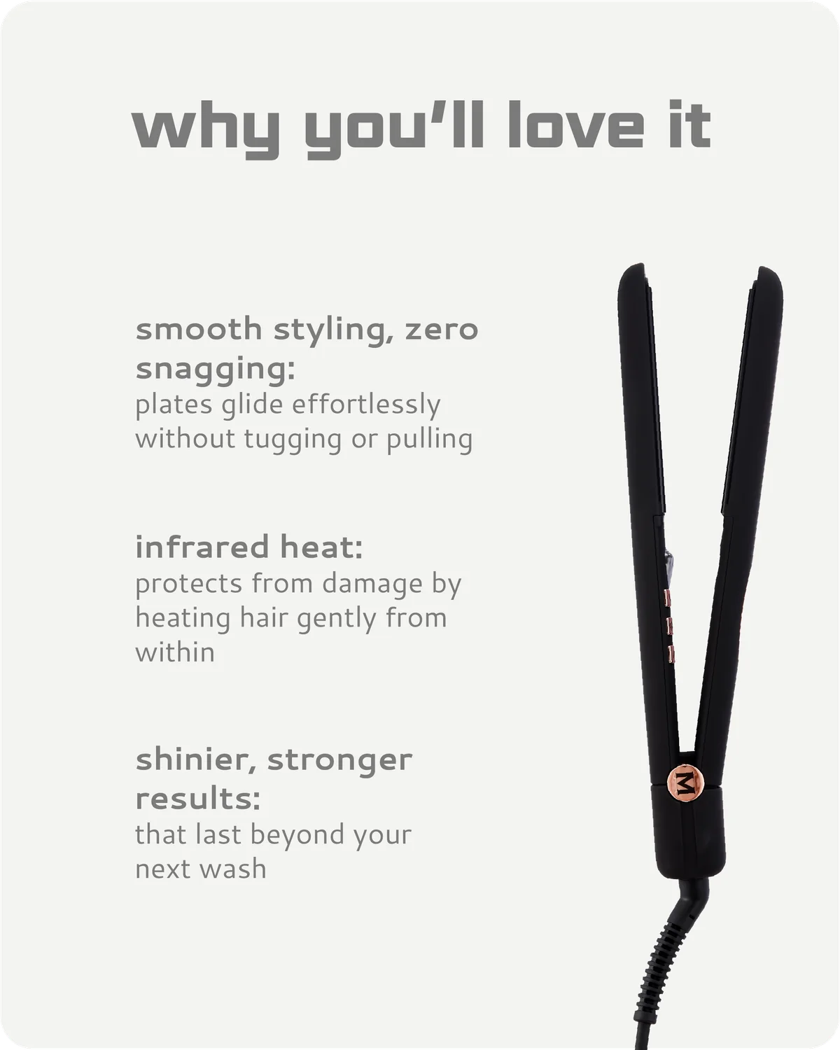 Hair straightener with text on a light gray background