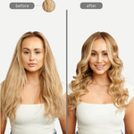 Before and after comparison of a woman with blonde hair styled differently.