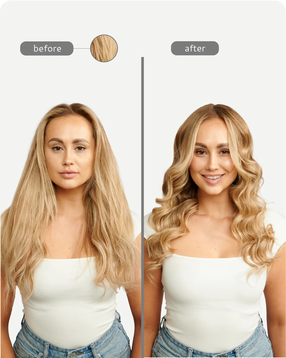Before and after comparison of a woman with blonde hair styled differently.