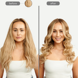 Before and after comparison of a woman with blonde hair styled differently.