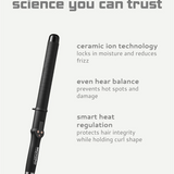 Hair straightener with text highlighting ceramic ion technology on a light gray background
