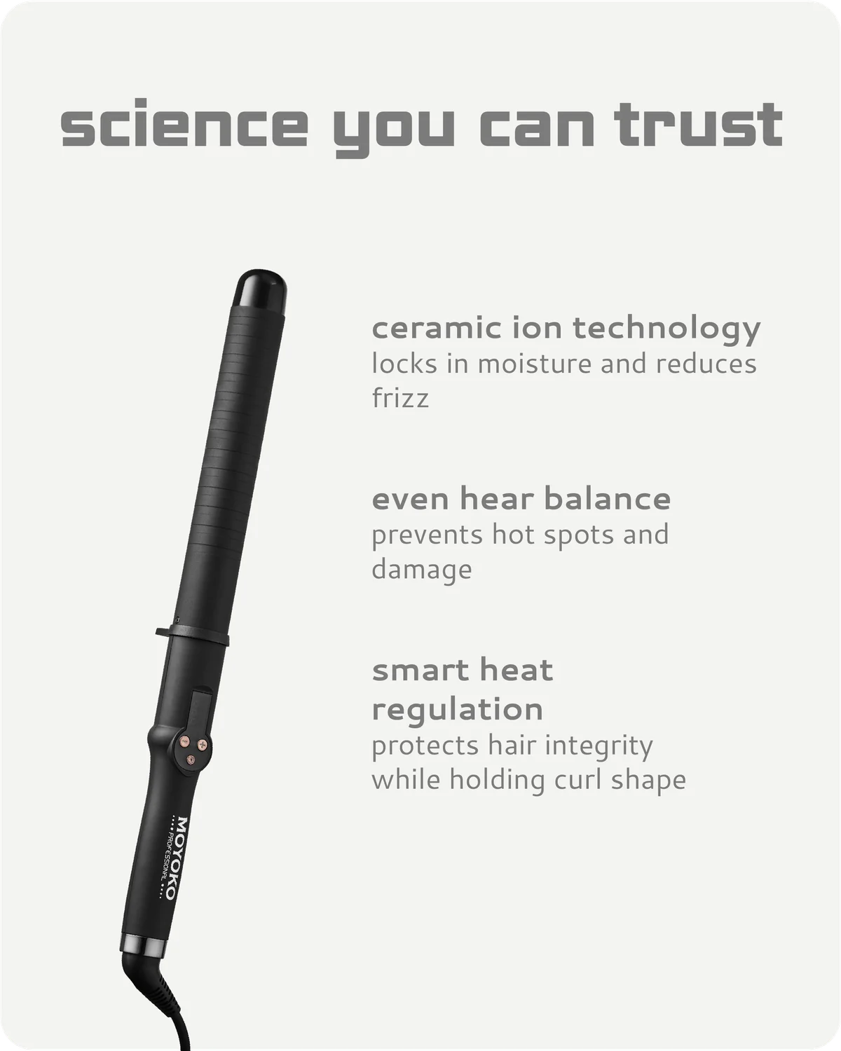 Hair straightener with text highlighting ceramic ion technology on a light gray background