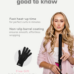 Woman with styled hair holding a hair straightener, with text about product features and a free gift offer.