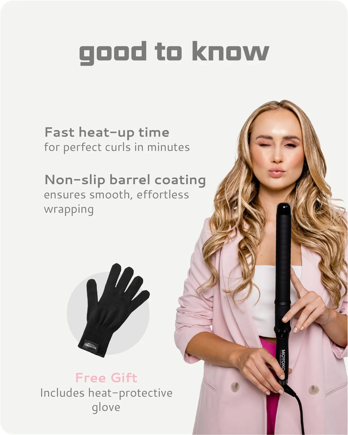 Woman with styled hair holding a hair straightener, with text about product features and a free gift offer.