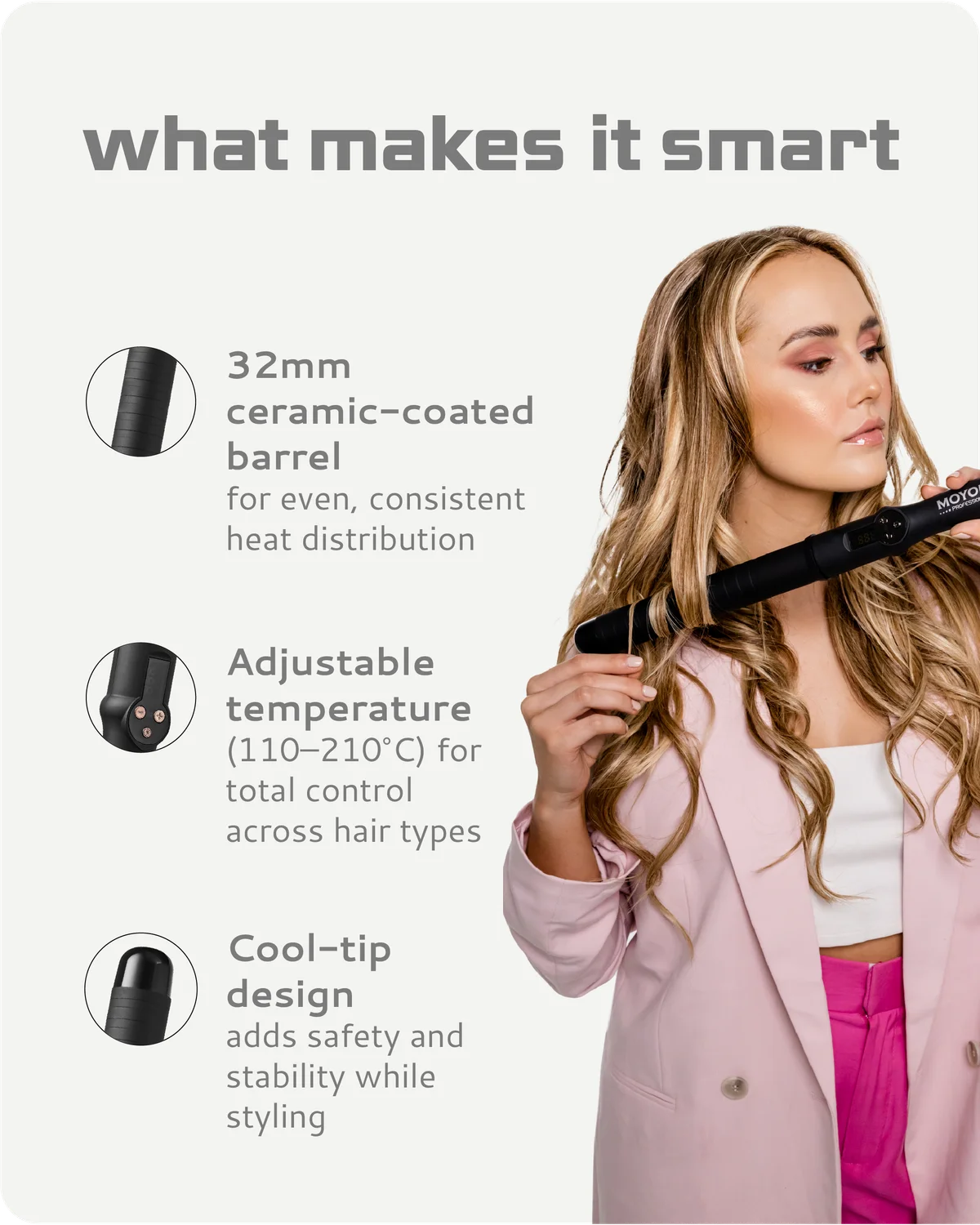 Woman using a hair curler with text highlighting features on a light gray background
