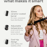 Woman using a hair curler with text highlighting features on a light gray background