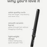 Black hair curler with text highlighting its features on a light gray background