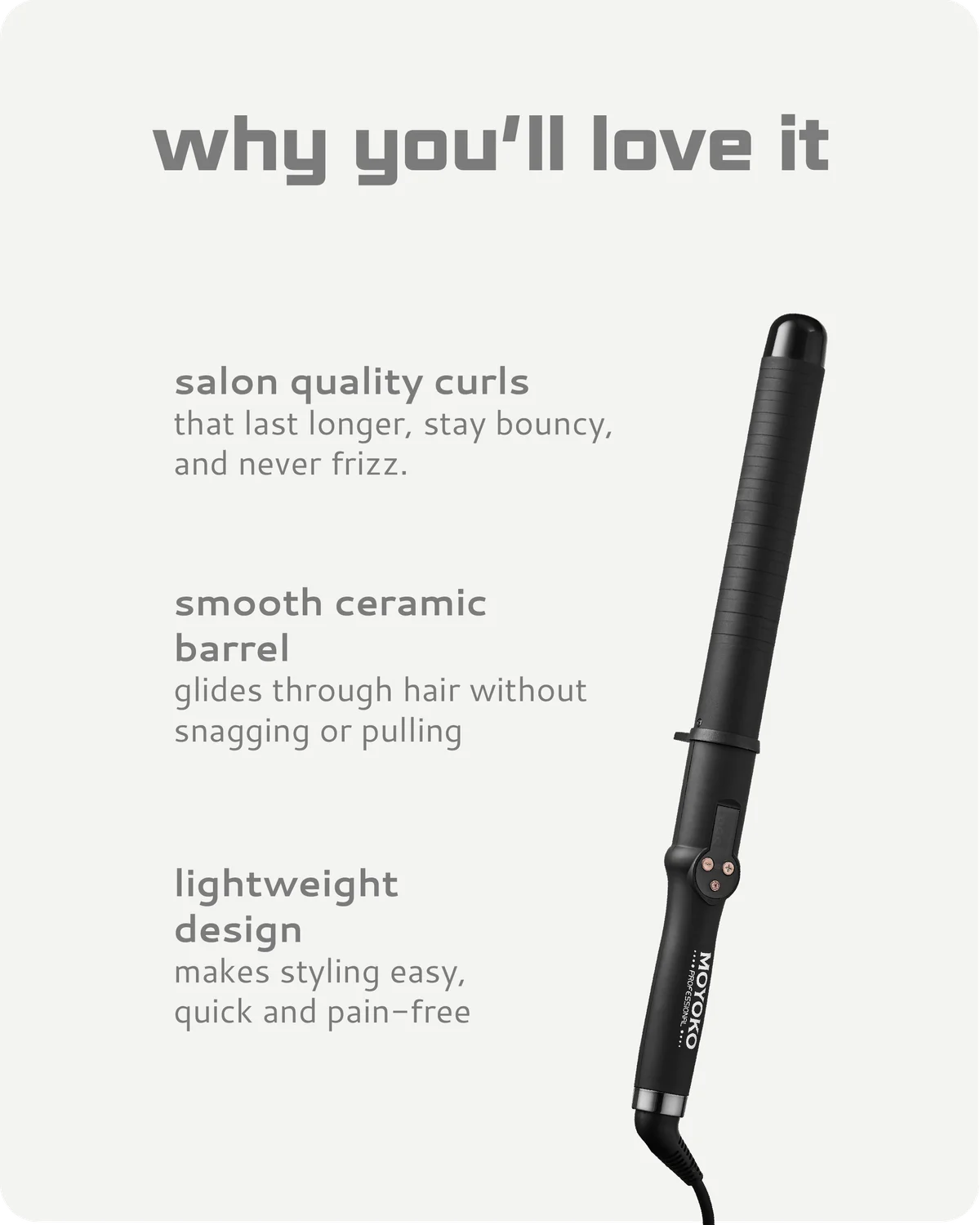Black hair curler with text highlighting its features on a light gray background