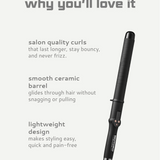 Black hair curler with text highlighting its features on a light gray background