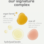 Product label with argan kernel oil, rose oil, and hydrolysed keratin on a white background