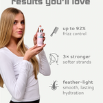 Woman holding a bottle of hair product with text on frizz control, strength, and hydration.