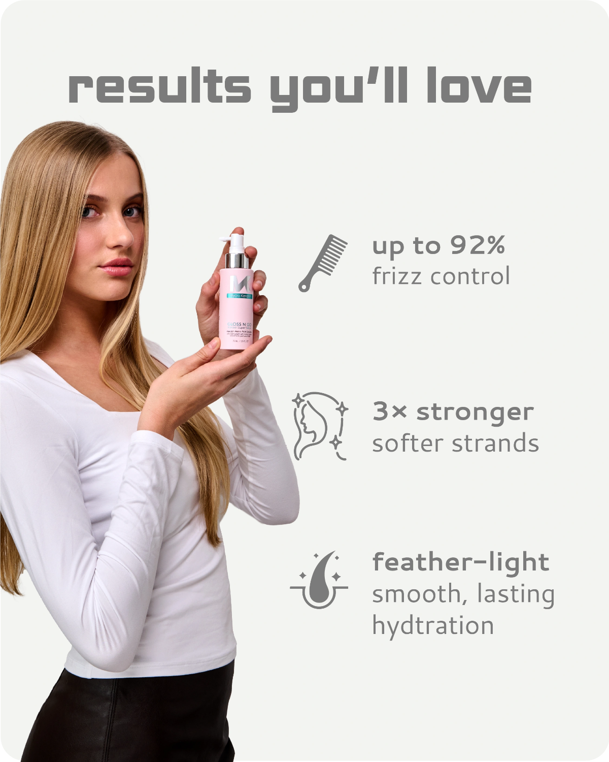 Woman holding a bottle of hair product with text on frizz control, strength, and hydration.