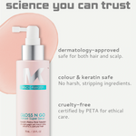 Skincare serum bottle with text highlighting its features on a light gray background