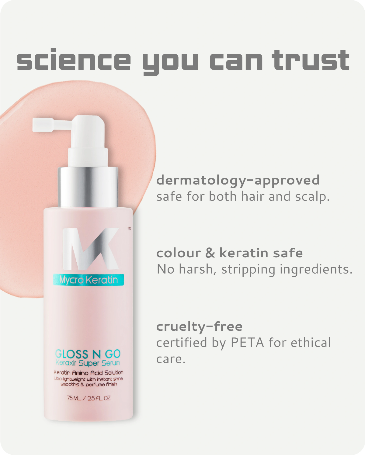 Skincare serum bottle with text highlighting its features on a light gray background