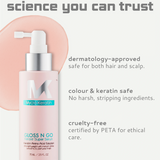 Skincare serum bottle with text highlighting its features on a light gray background