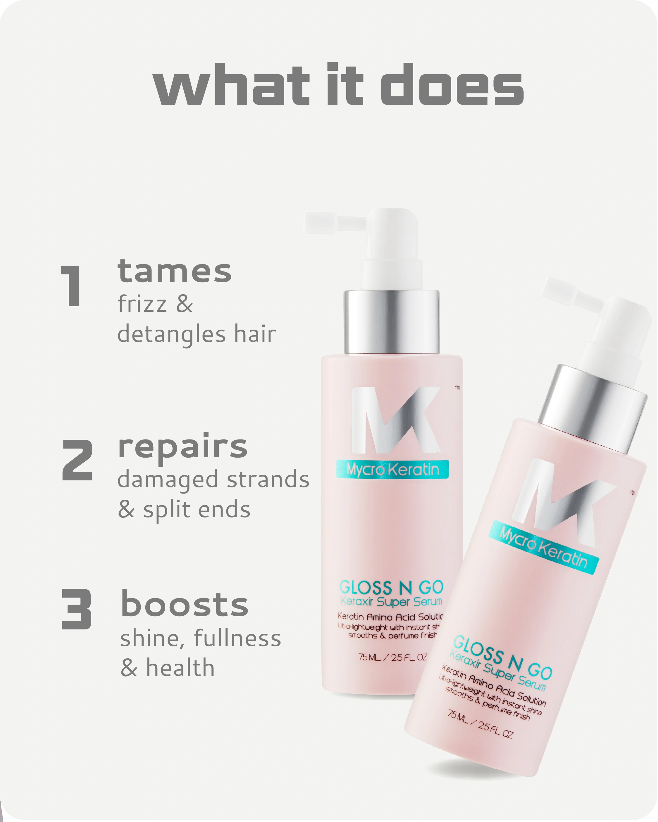Two bottles of Gloss N Go hair product with text detailing its benefits on a white background.