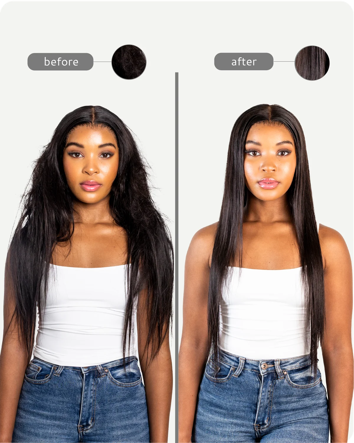 Before and after comparison of a person with styled hair against a plain background
