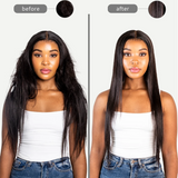 Before and after comparison of a person with styled hair against a plain background