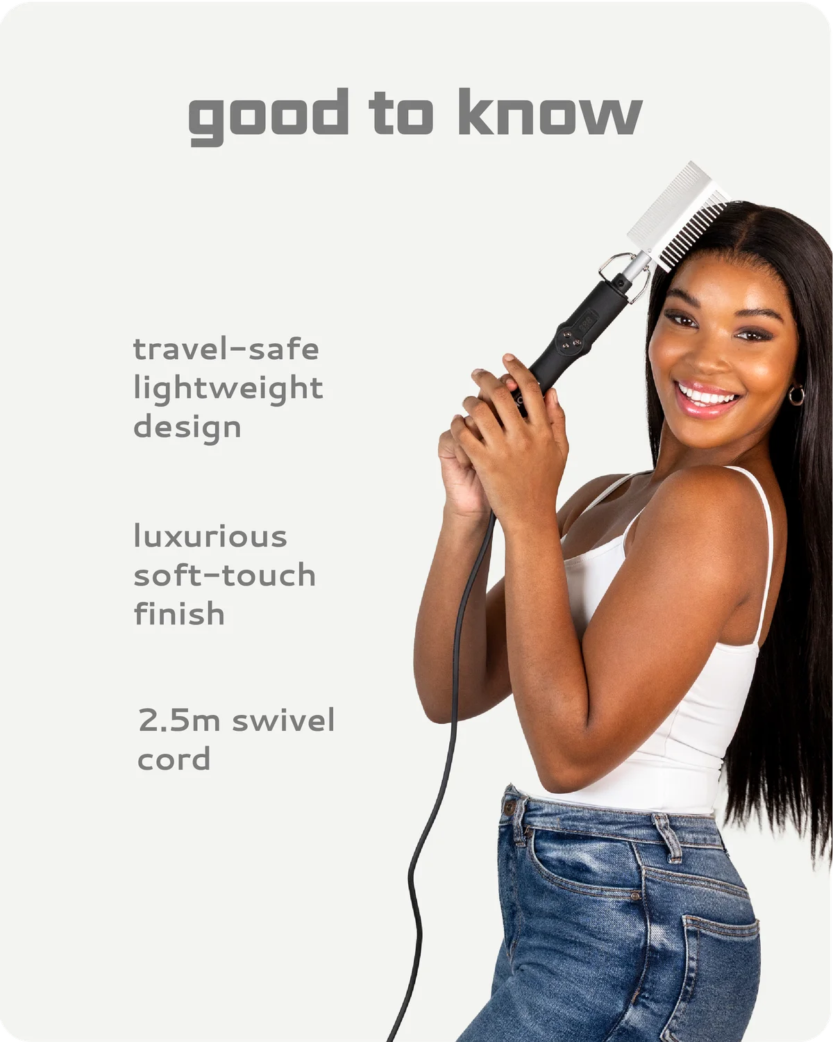 Woman using a Hot comb hair straightener with text about product features on a white background