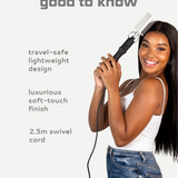 Woman using a Hot comb hair straightener with text about product features on a white background